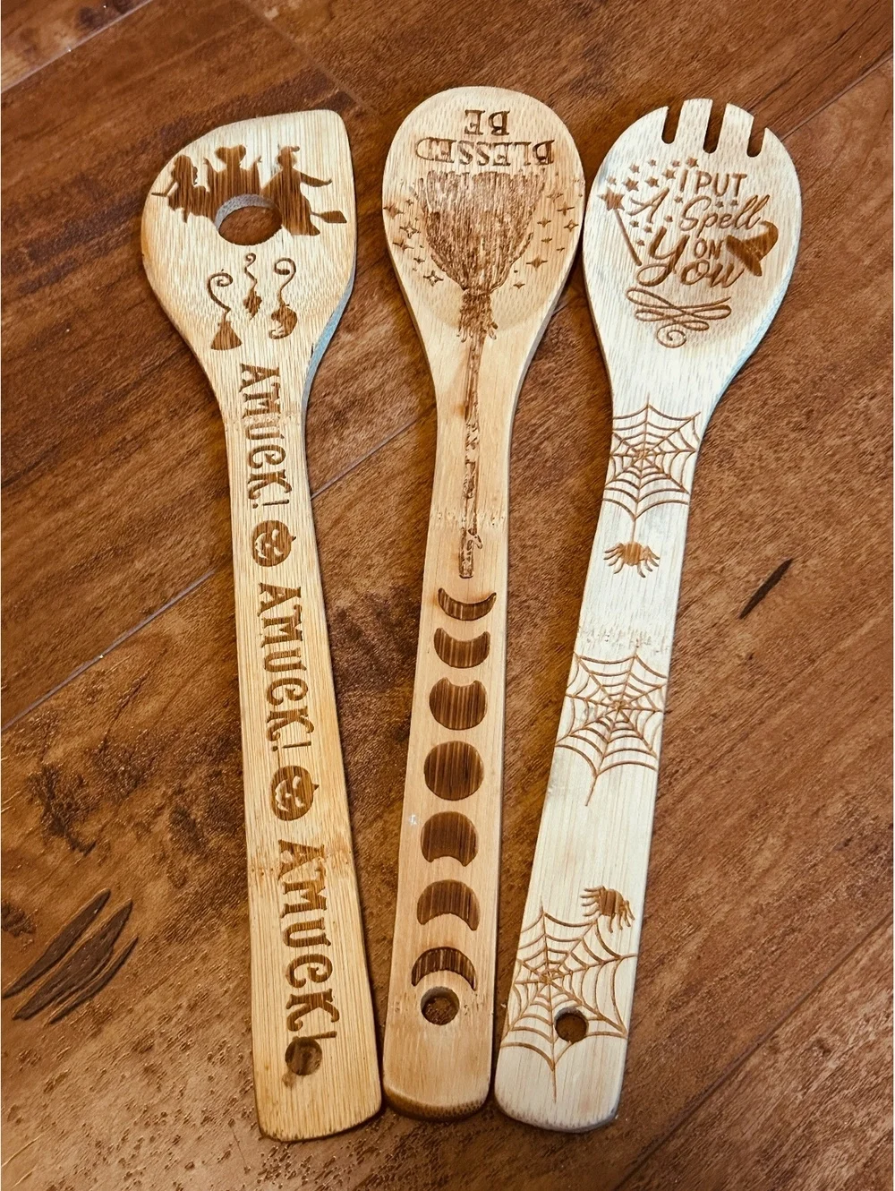 Set of 3 Halloween Themed Wooden Cooking Spoons with Engraved Designs
